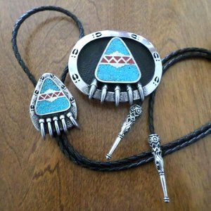 Bear Claw Bolo Tie Belt Buckle Set Turquoise Inlay Bola Necktie Necklace Paw